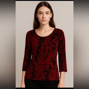 Laura Petites Velvet Burnout Floral Top Woman Medium Red Black 3/4 Sleeve Fairy